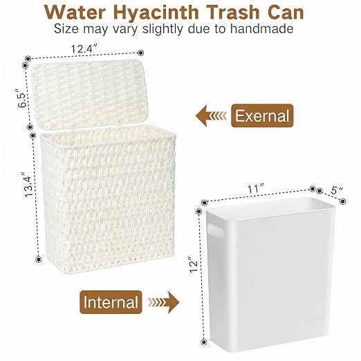 iEGrow Paper Rope Trash Can,Bathroom Trash Can with Lid, 3 Gallon Wicker Waste Basket with Removable Liner, for Bedroom, Living Room, Toilet, Under Sink Creamy White
