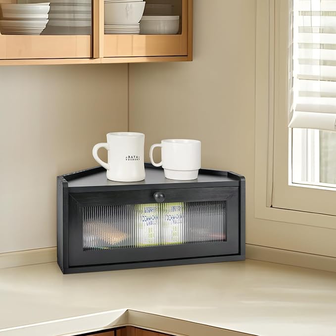 Sunhoo Bread Box for Kitchen Countertop Wooden Corner Breadbox Counter Food Storage Bin Container Farmhouse Rustic Homemade Bread Fresh Keeper Organizer Holder Vintage Stackable with Window (Black)