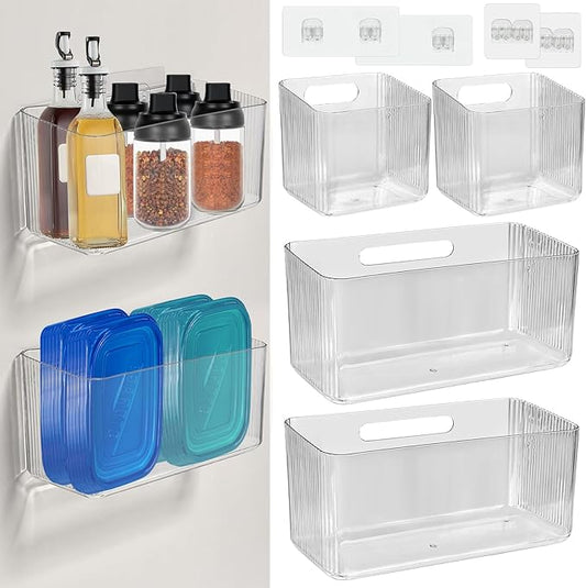 4 PCS 2 Size Plastic Adhesive Mount Over Cabinet Door Organizer, Under Sink Door Storage Shelf Refrigerator Side Storage Box, Wall Organization Container for Kitchen Bathroom Office