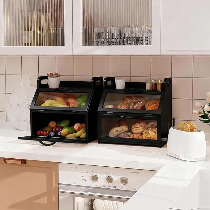 BAMBANG Extra Large Bread Box, Double Layer Bread Box for Homemade Bread, Bamboo Wooden Bread Storage Container with Tool Holder & Handles & Window, Assembly Required(14.9" x 11" x 15.3") Black