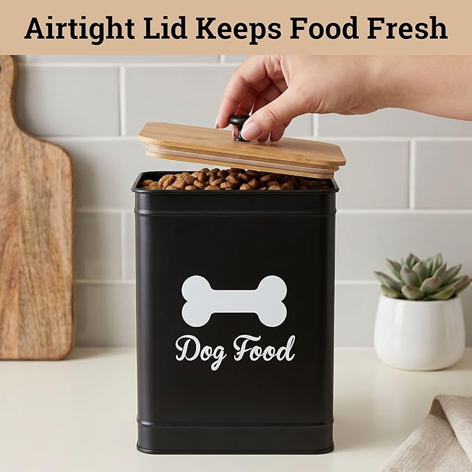 Dog Food Container Airtight 5-7 lb (25 Cup) Capacity - Cute Airtight Dog Food Storage Container with Bamboo Lid & Sturdy Metal Handle - Black Metal Kibble Storage Bin for Dogs up to 50 lbs - Pet Jar