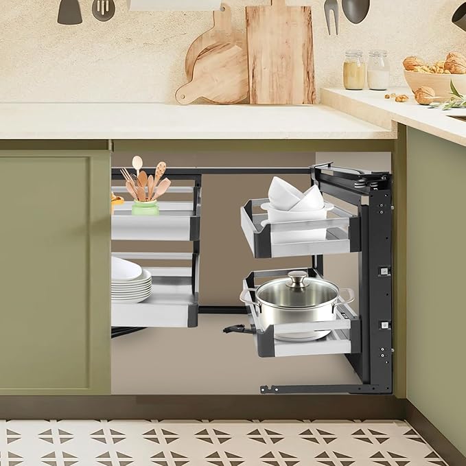 2-Tier Stainless Steel Pull out Organizer, Ideal Slide out Spice Rack for Cabinet, Blind Corner Cabinet with 4 Baskets (Pull-Out to Right)