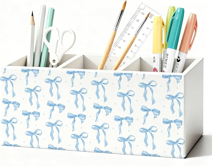 Blue Coquette Bow Pen Pencil Holder for Desk, Girly Office Decor, Preppy Blue Bow Aesthetic Wooden Box Sign Decorations for Girly Room Bedroom Dorm Office Desk Tabletop