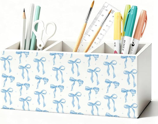 Blue Coquette Bow Pen Pencil Holder for Desk, Girly Office Decor, Preppy Blue Bow Aesthetic Wooden Box Sign Decorations for Girly Room Bedroom Dorm Office Desk Tabletop