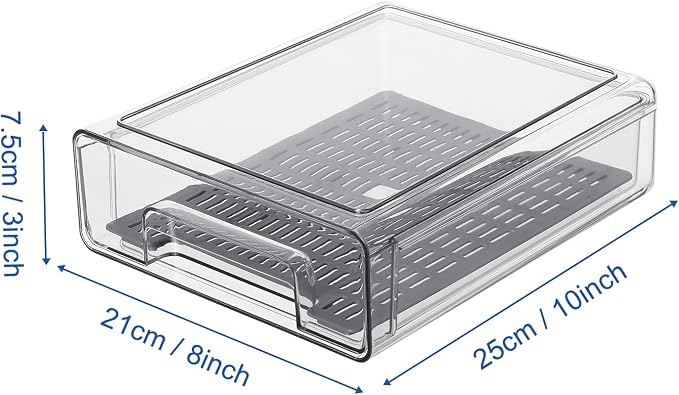 Pull Out Clear Fridge Organizer Drawers with Drainer, Refrigerator Stackable Storage Bins for Kitchen Fruit & Veggie Organization (2PCS, Medium)