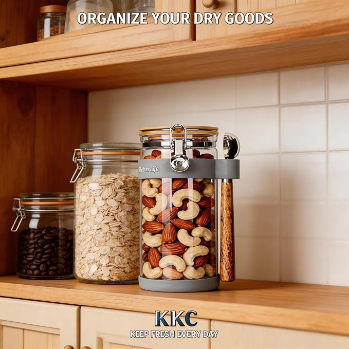 KKC 1.5-Quart Large Glass Nuts Storage Container, Airtight Food Storage Jar with Bamboo Lid & Scoop, Keeps Nuts Crunchy & Fresh, Perfect for Pantry Organization & Storing Nuts, Almonds, Peanuts