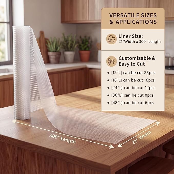 PABUSIOR Wide Kitchen Cabinet Liner: 100% EVA Non Slip Cabinet Shelf Liner 21" x 300" Clear - Non-Adhesive Waterproof Large Bathroom Drawer Mat for Under Sink
