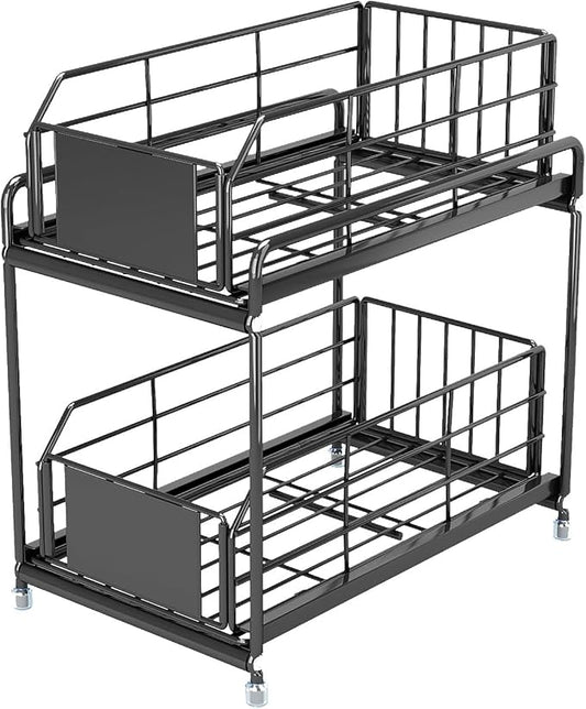 Under Sink Kitchen Storage Organizer, 2 Tier Sliding Cabinet Basket with Pull-Out Drawer, foldable Metal Under Sink Organizers for Bathroom, Pantry, Countertop, Rustproof Multi-Purpose Storage Bins