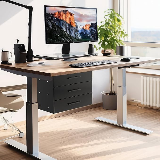 Menkxi 16 inch Under Desk Drawer Storage Pull out Storage Organizer Mounted Metal Sliding Hidden Under Counter Drawer Vertically Stacked for Office Sit Stand Workstation(Black,3 Layer)