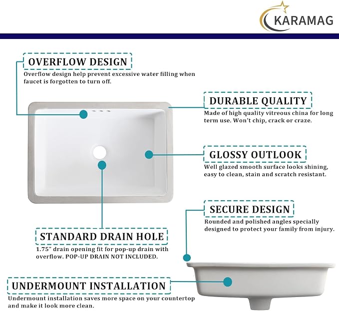 20 Inch Undermount Bathroom Sink Rectangle Undermount Sink White Ceramic Under Counter Bathroom Sinks with Overflow (19.8"x13.7")