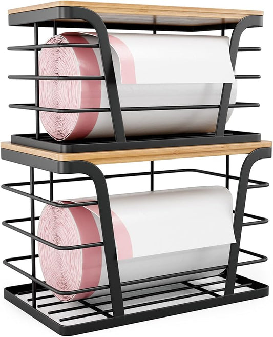TIDIIABODE 2 Pack Stackable Storage Laundry Kitchen Organizers, Wall Mount Trash Bag Holder with Bamboo Top and Garbage Bag Dispenser No Drill