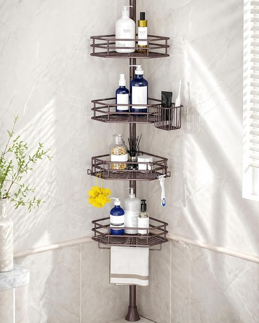 SEIRIONE Corner Shower Caddy Tension Pole, Quick Setup, Rust-Free Bathroom Shower Organizer Corner for Bathtub Shampoo Storage, 4-Tier Adjustable Shelf, Drill Free, Fits 34 to 116 Inch Height, Bronze