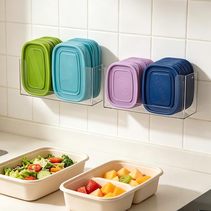 Rainmae 2 Pack Cabinet Door Organizer, Lid Organizer Inside Cabinet Wall Mounted Plastic Storage Box Stackable Under Sink Lunchbox Lid Container for Kitchen Bathroom Office Organization