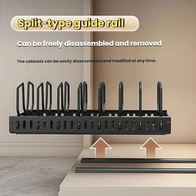 Pull out drawers Pots and Pans Organizer With M-Shaped Vertical Slots Under Cabinet，Slide Out inside Cabinet Storage for Pot Lid Holder And Spoon Rest,Dishes,7 Adjustable Dividers(Black,"M"Style)