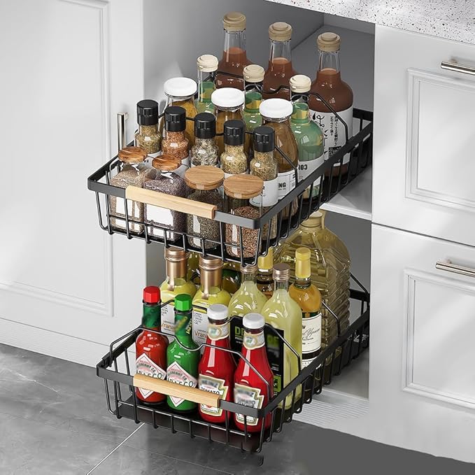 Takywep Pull Out Cabinet Organizer, No Drill Adhesive Pull Out Drawers, Pantry Organizers with 2 Iron Wires & Quiet Rails, Slide Out Cabinet Organizer for Bathroom, Kitchen, Pantry, Black