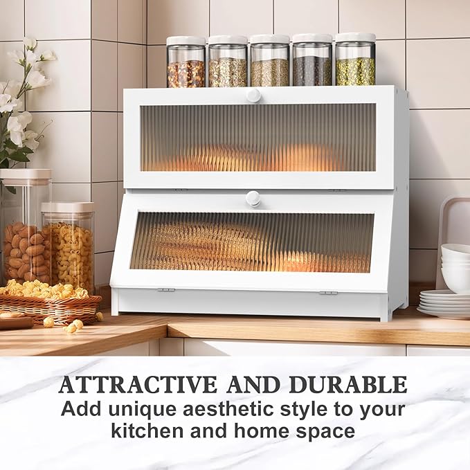 LOHASOK Bamboo Bread Box for Kitchen Countertop, Double Layer Large Bread Storage Container for Homemade Bread with Window & Lid, Bread Keeper Holder, White