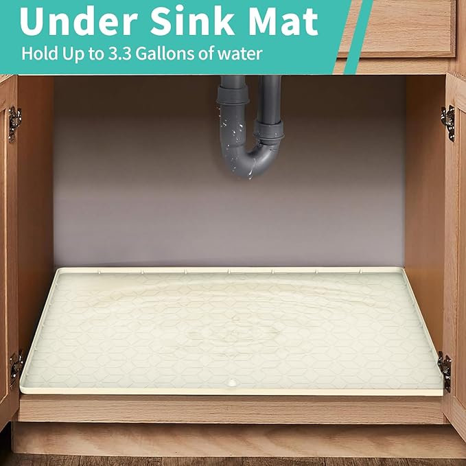 Under Sink Mat for Kitchen, Silicone Waterproof Liner, Flexible Organizer Tray with Drain Hole, 3.6 Gallons Capacity, Easy to Clean