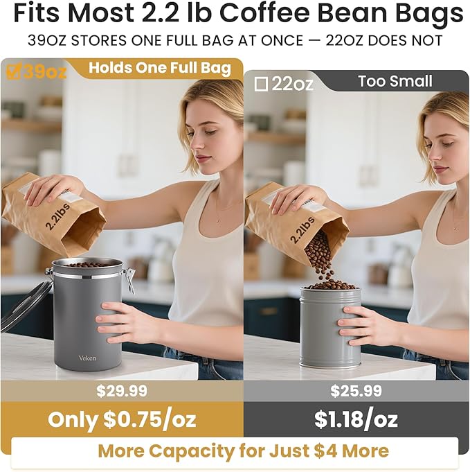 Veken Coffee Canister, 39OZ Large,Airtight Stainless Steel Food Storage Container for 2.2lbs Beans,Ground,Sugar,Espresso,Rice,Tea,Flour,Cereal,Cookie,Lids,Jars,Gifts,Scoop,Kitchen Bar Accessories,Gray