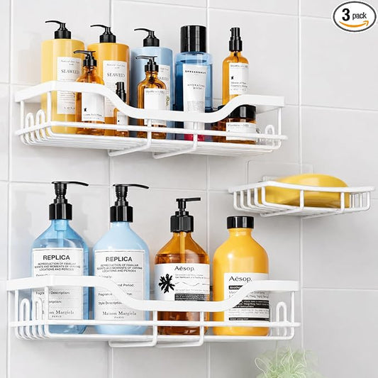 OMAIRA 3-Pack Shower Caddy with Soap Holder, Adhesive Rustproof No-drill Strudy Loading Inside Shower Organizer Shelves Rack Storage Bathroom Organization for Smooth Wall Glass Tile, White (Large)