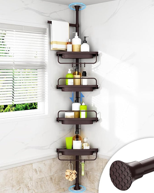 ALLZONE Corner Shower Caddy Tension Pole, Extendable Rustproof Stainless Steel Pole & 4-Tier Adjustable Shelves for Easy Drainage and Built-to-Last Stability, 34 to 116 Inches, Brown