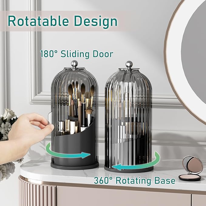 GAXmi Makeup Brush Holder with Lid Rotating Cosmetic Organizer, Black-Grey | 360 Rotation, Waterproof, Dustproof, Moistureproof