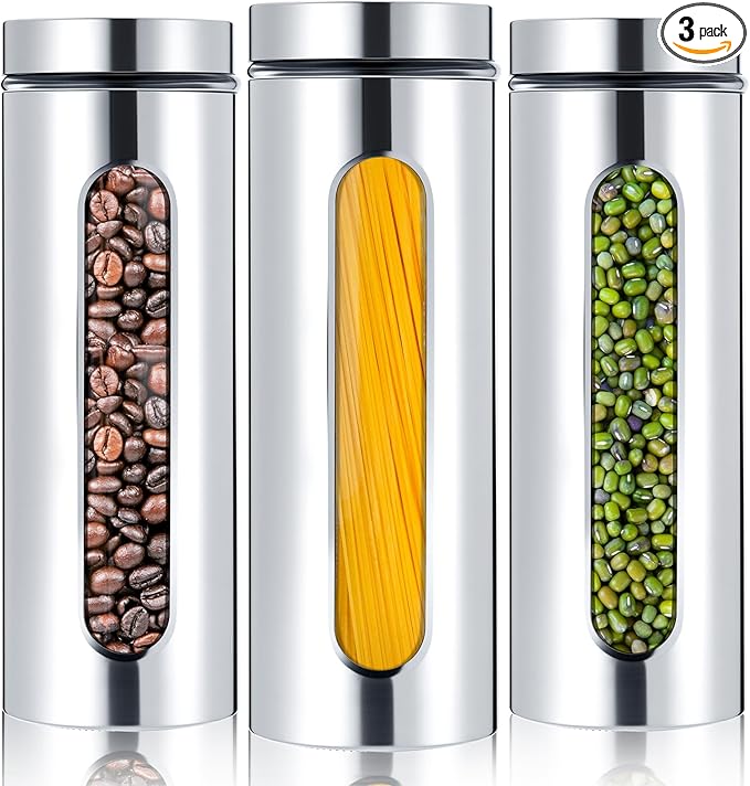 Mimorou 3 Pcs Stainless Steel Canister Set with Glass Windows Visible Storage Jars Silver Kitchen Canister Set for Pasta Flour Oat Sugar Container, Kitchen Tools, Housewarming Gifts(60 oz)