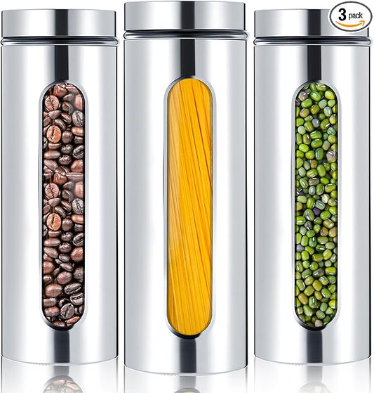 Mimorou 3 Pcs Stainless Steel Canister Set with Glass Windows Visible Storage Jars Silver Kitchen Canister Set for Pasta Flour Oat Sugar Container, Kitchen Tools, Housewarming Gifts(60 oz)