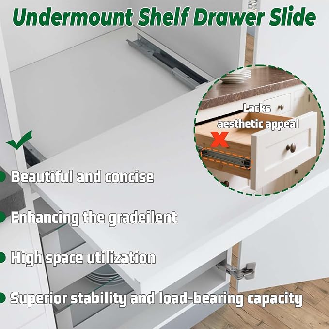 1 Pair 16" Undermount Drawer Slides, Soft Close Bottom Mount Pull Out Shelf Slider Full Extension Invisible Base Mount Drawer Slies for Cabinet Tray Kitchen Pantry Drawer