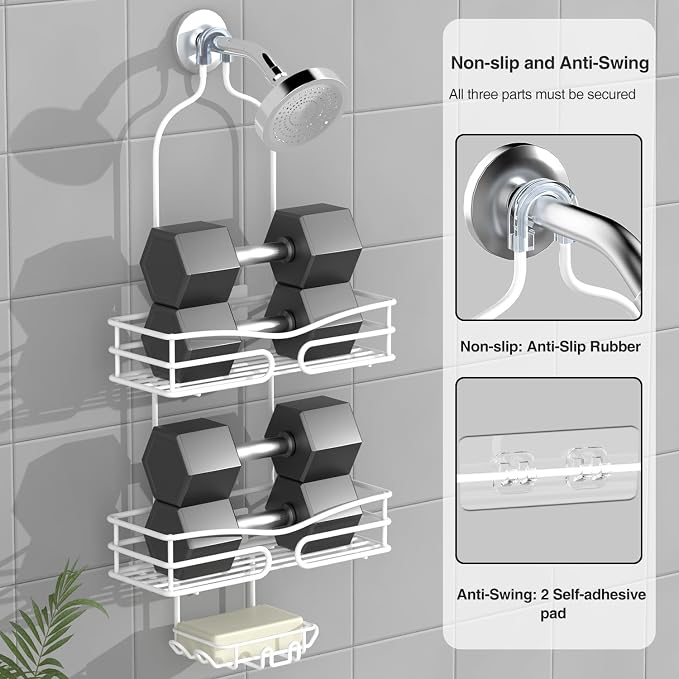 DAOYA Over Head Shower Caddy - Bathroom Shower Organizer with Soap Holder & 6 Hooks for Towels, White, 76L Capacity, Hanging Mount, Rust Resistant