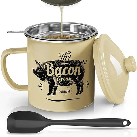 Bacon Grease Container With Strainer, 46OZ Large Enamel Grease Container, With Silicone Spatula, Farmhouse Bacon Grease Keeper, Cooking Oil Container For Kitchen Fat Storage, Dishwasher Safe-Beige