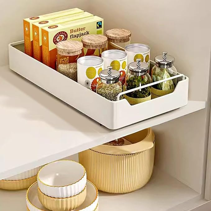 Kitchen Cabinet Organizer Pull Out Drawer Extendable Sliding Cupboard Shelf 20cm W x 43cm D x 7cm H White No Drill Installation