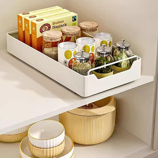 Kitchen Cabinet Organizer Pull Out Drawer Extendable Sliding Cupboard Shelf 20cm W x 43cm D x 7cm H White No Drill Installation
