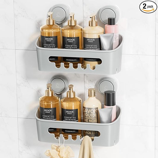 LEVERLOC Shower Caddy Suction Cup 2 Pack, Shower Organizer Removable Bathroom Shelf, Storage for Inside Shower Powerful Suction Max Hold 22lbs Waterproof Holder, Gray