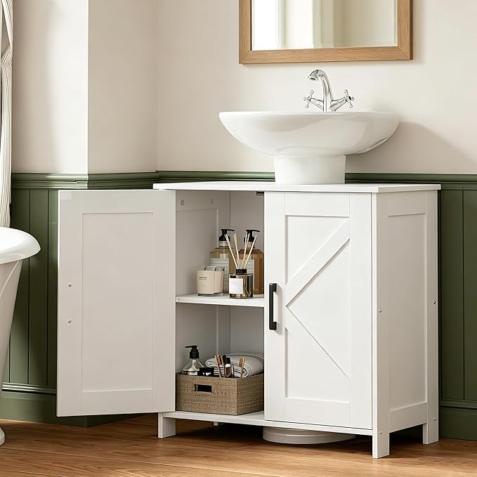 Pedestal Sink Storage Cabinet, Farmhouse Under Bathroom Sink Storage Cabinet with 2 Doors and Shelf, Pedestal Sink Organizer, 11.8" D x 23.6" W x 23.6" H, White