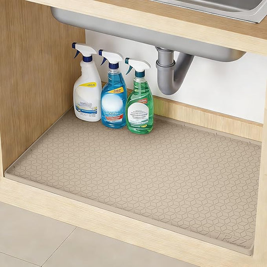 TRZZ Silicone Waterproof Under Sink Mat 28" x 19", Drip Tray and Cabinet Liner for Kitchen and Bathroom, Prevents Water Damage and Organizes Cabinets (Khaki)