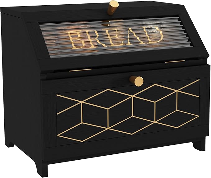 HOLTICO Double Layer Bread Box With Golden Trim for Countertop, Wooden Bread Container for Kitchen Counter, Corner Bread Storage (Black1)