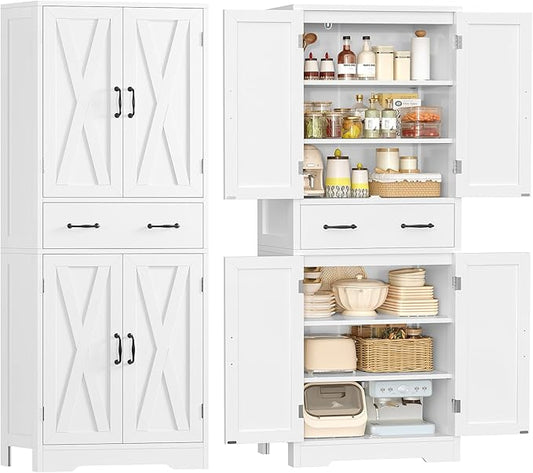 TEENFON Tall Storage Cabinet with 2 Adjustable Shelves & 1 Large Drawer, Kitchen Pantry Cabinet with 4 Doors, Bathroom Storage Cabinets, for Living Room, Kitchen, Bathroom, White