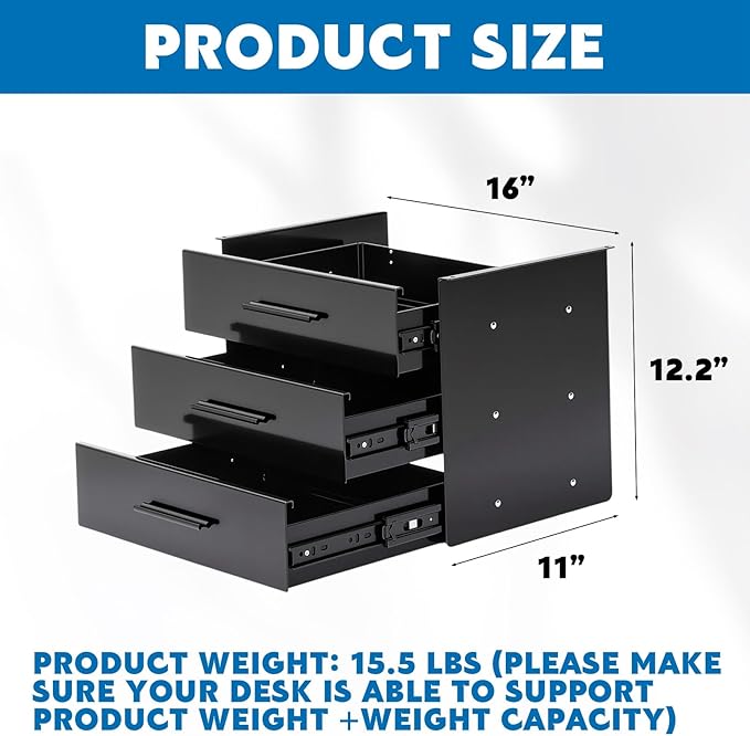 Menkxi 16 inch Under Desk Drawer Storage Pull out Storage Organizer Mounted Metal Sliding Hidden Under Counter Drawer Vertically Stacked for Office Sit Stand Workstation(Black,3 Layer)