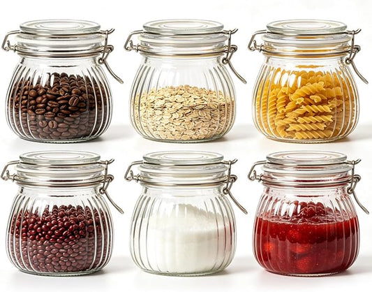 ComSaf 6-Pack 17oz Ribbed Glass Storage Jars with Airtight Clamp Lids, Decorative Wide Mouth Pint Canisters for Jam, Spices, Nuts, Coffee Beans, Snacks, Honey - Kitchen Pantry and Drawer Organization