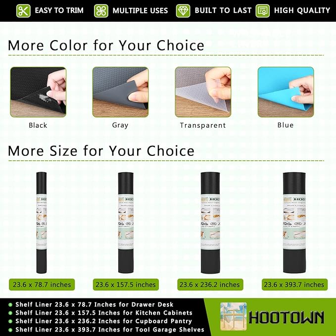 HooTown Shelf Liner Kitchen Cabinet Drawer Mats 23.6 Inch Wide x 6.5 Feet Long, Non Slip EVA Plastic Water Resistant Pad for Bathroom Drawers, Shoe Shelves, Under Sink, Black