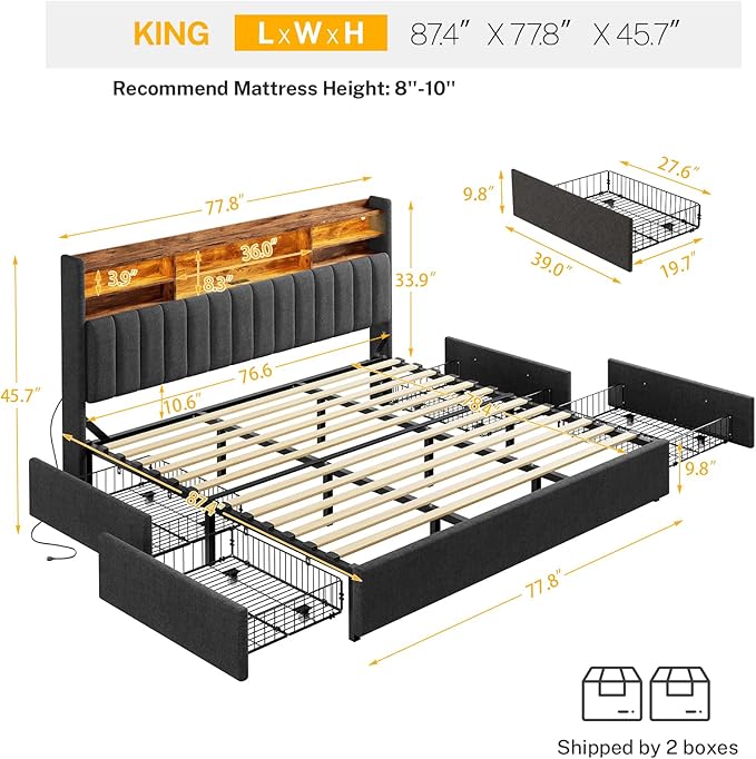 TEENFON King Size Bed Frame with Headboard and 4 Drawers Storage, Bed Frame King Built in LED Lights and Charging Station, Sturdy & Noise-Free Upholstered Platform Metal Bed, Dark Grey