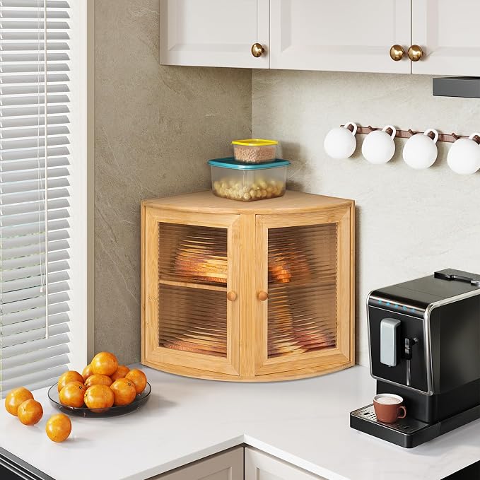 HOMEKOKO Double Layers Bamboo Corner Bread Box for Kitchen Counter, Vintage Wooden Large Capacity Bamboo Bread Food Storage Bin (Natural Bamboo)