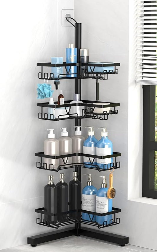 KEGII Floor Shower Caddy Standing – 4-Tier Corner Shower Organizer with Hooks & Soap Holder, Free-Standing Bathroom Storage Rack for Shampoo & Toiletries, Black