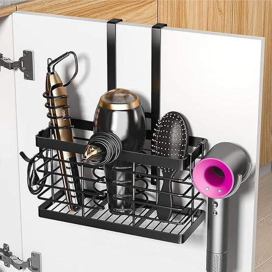 Sevenblue Hair Tool Organizer, 2026 Upgraded 3-in-1 Universal Hair Dryer Holder, Adjustable Height Metal Blow Dryer Holder Wall Mounted/Over Cabinet Door/Free-Standing (Black)