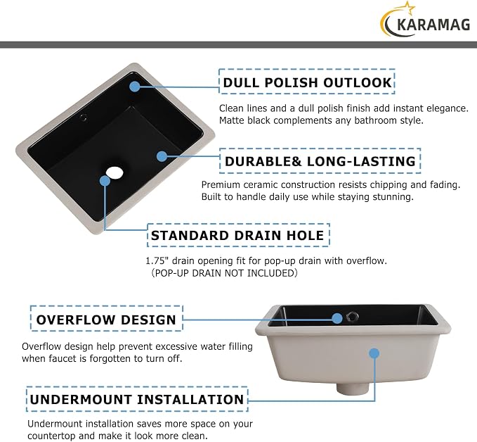 16 Inch Matte Black Undermount Bathroom Sink Small Rectangle Undermount Sink Black Under Counter Bathroom Sinks with Overflow (15-3/4"x11-3/4")