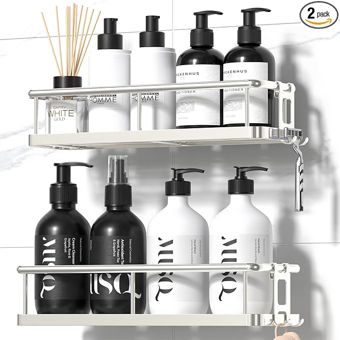 YASONIC Shower Caddy Adhesive, No Drill Bathroom Shower Organizers, with Removable Hooks, Rust Proof Shower Shelves, Wall-Mounted Shower Holder, 2 Pack Silver