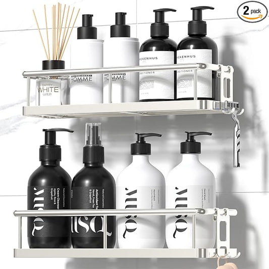 YASONIC Shower Caddy Adhesive, No Drill Bathroom Shower Organizers, with Removable Hooks, Rust Proof Shower Shelves, Wall-Mounted Shower Holder, 2 Pack Silver