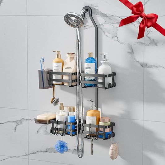 GAOKASE Aluminum Shower Caddy Hanging, Never Rust Shower Organizer- 4 Levels with adjustable Height 10 Hooks for Razor/Sponge - Rack with Soap Basket (Black-1)