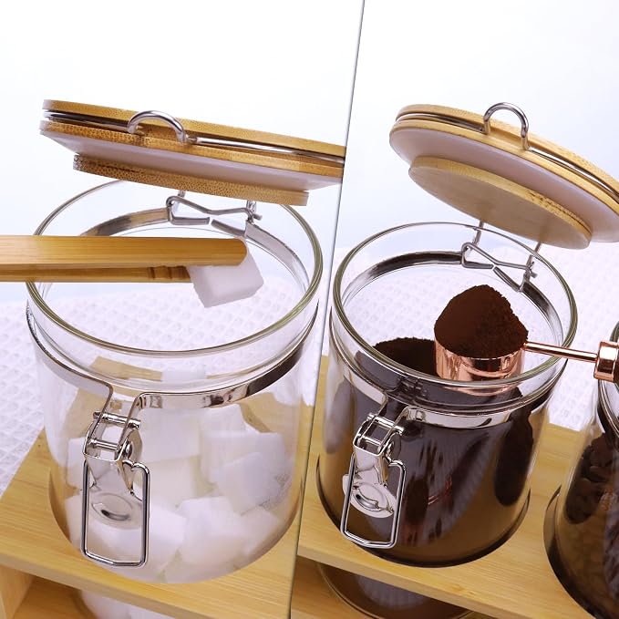 Glass Coffee Storage Containers with Bamboo Shelf,Ground Coffee Holder Jars,Airtight Glass Countertop Storage Jar Canisters with Spoon for Coffee,Loose Tea,40 Fluid-oz,Pack of 3