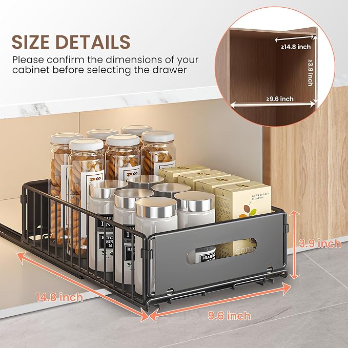 2 Pack Pull Out Cabinet Organizer, Heavy Duty Slide Out Pantry Drawers Shelves Storage With Strong Adhesive Strips and Handle for Kitchen, Bathroom, Living Room, Home (14.8"D X 9.6"W X 3.9"H)